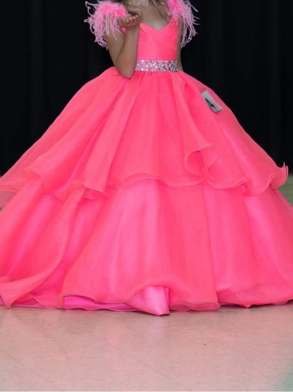 Girls Neon Pink Feather-Trim Ball Gown with Jeweled Waist